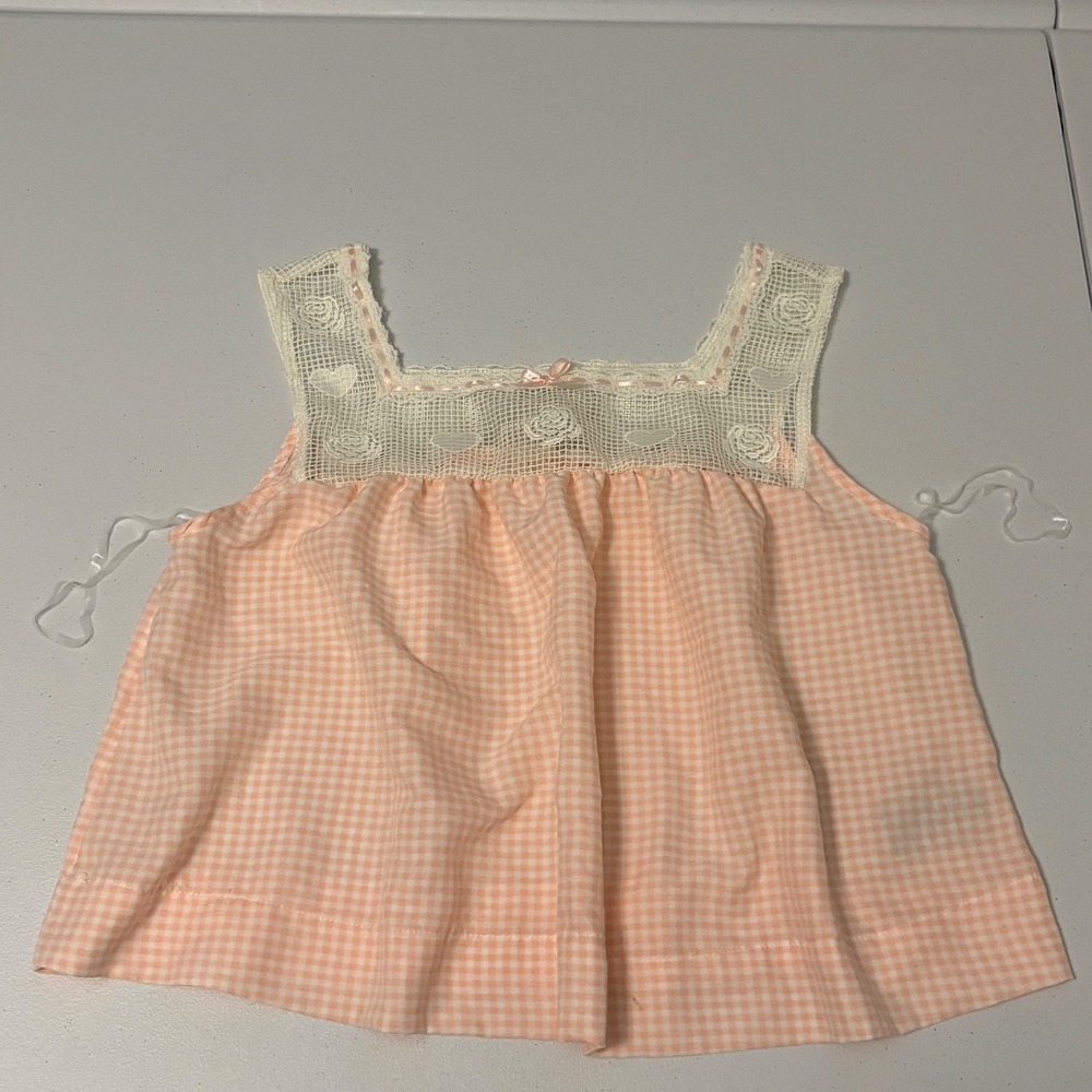 Kacey Lee Gingham Lace Babydoll Top Peach White Coquette Cottagecore Small C5